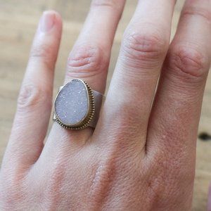Sterling Silver Druzy Cigar Band Gold Accent Ring